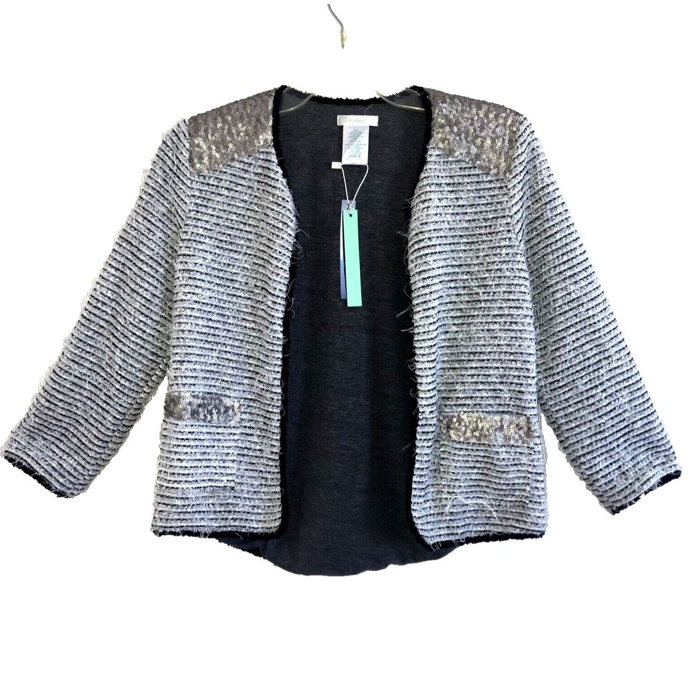 ESLEY S Sequin Eyelash Combed Knit Over-Top Jacket Blazer Gray Black Open Front
